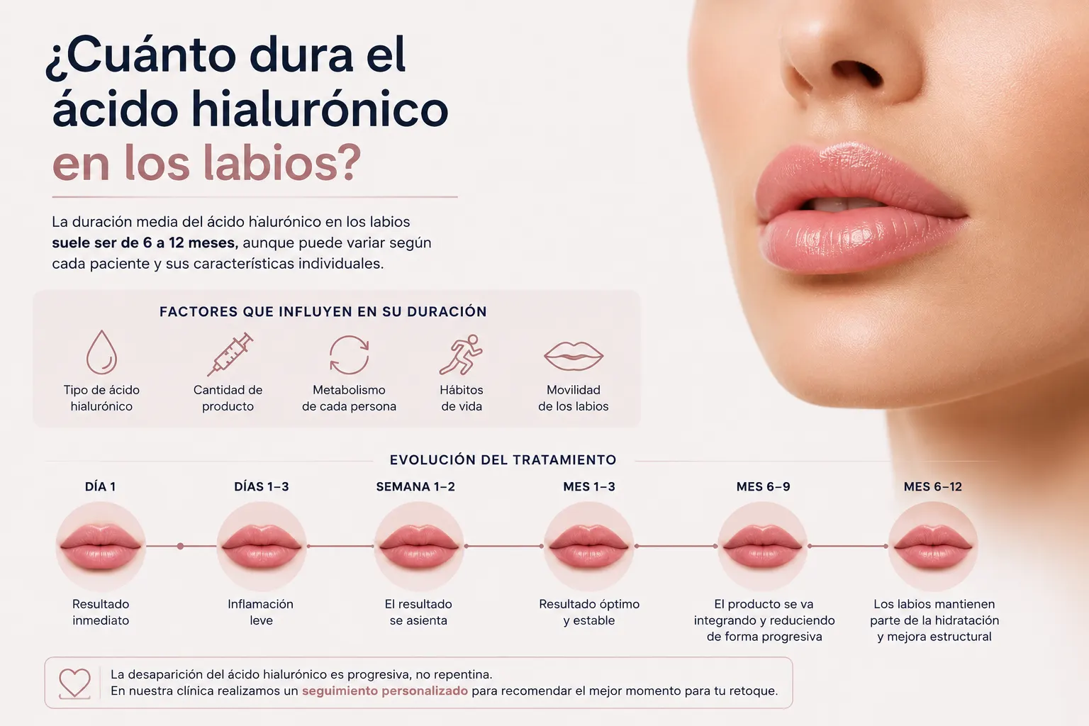 Duración del ácido hialurónico en los labios. Resultado natural de aumento de labios con ácido hialurónico y mantenimiento aproximado de entre 6 y 12 meses.
