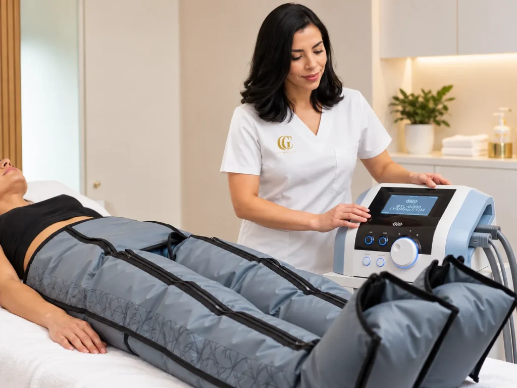 Profesional de Gutiérrez Clinic realizando una sesión de presoterapia para piernas y abdomen con equipo BTL Lymphastim en Alicante